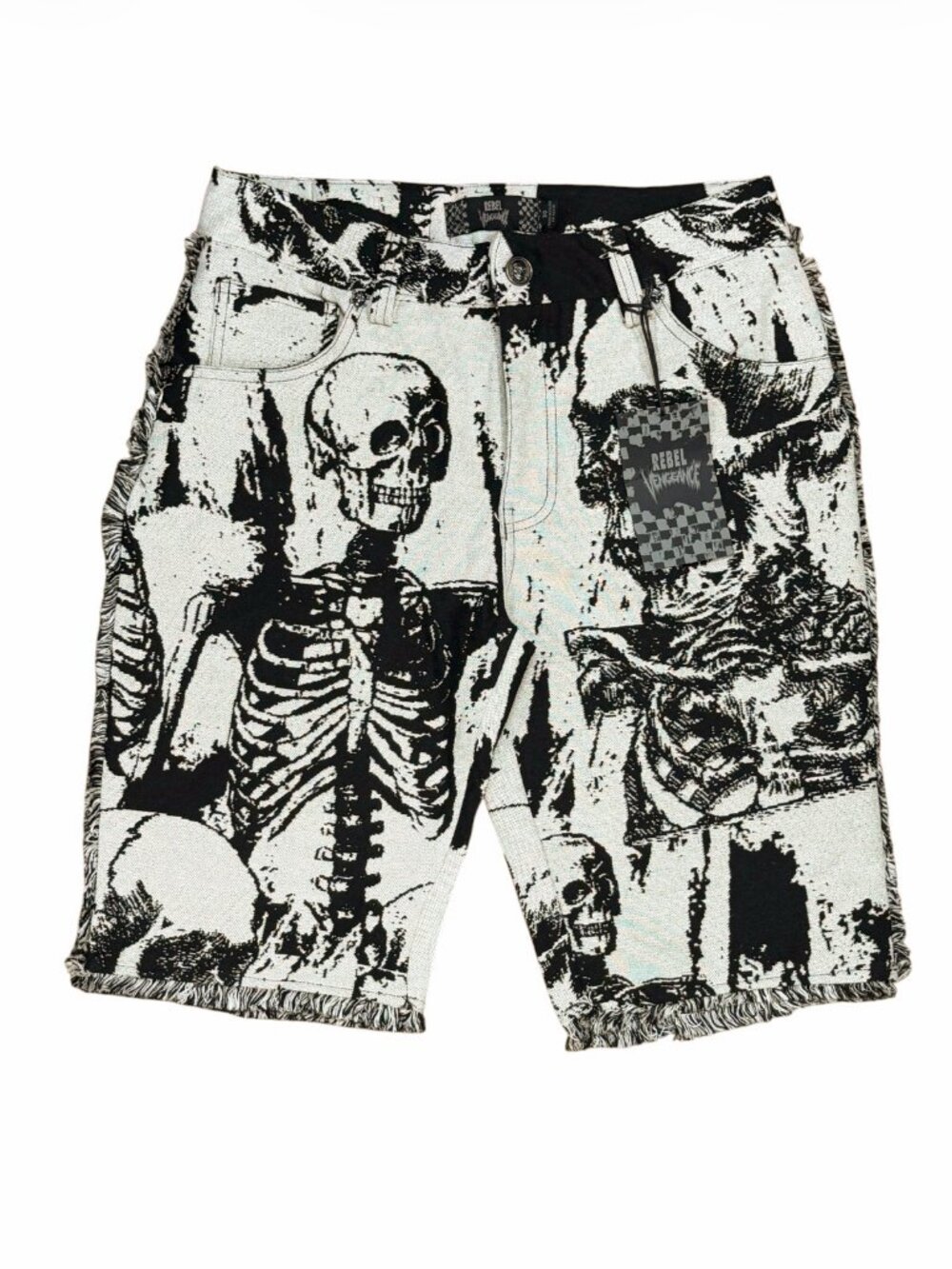 NWT Rebel Vengeance Tapestry Skeleton Fringe Denim Shorts Black White Size 30